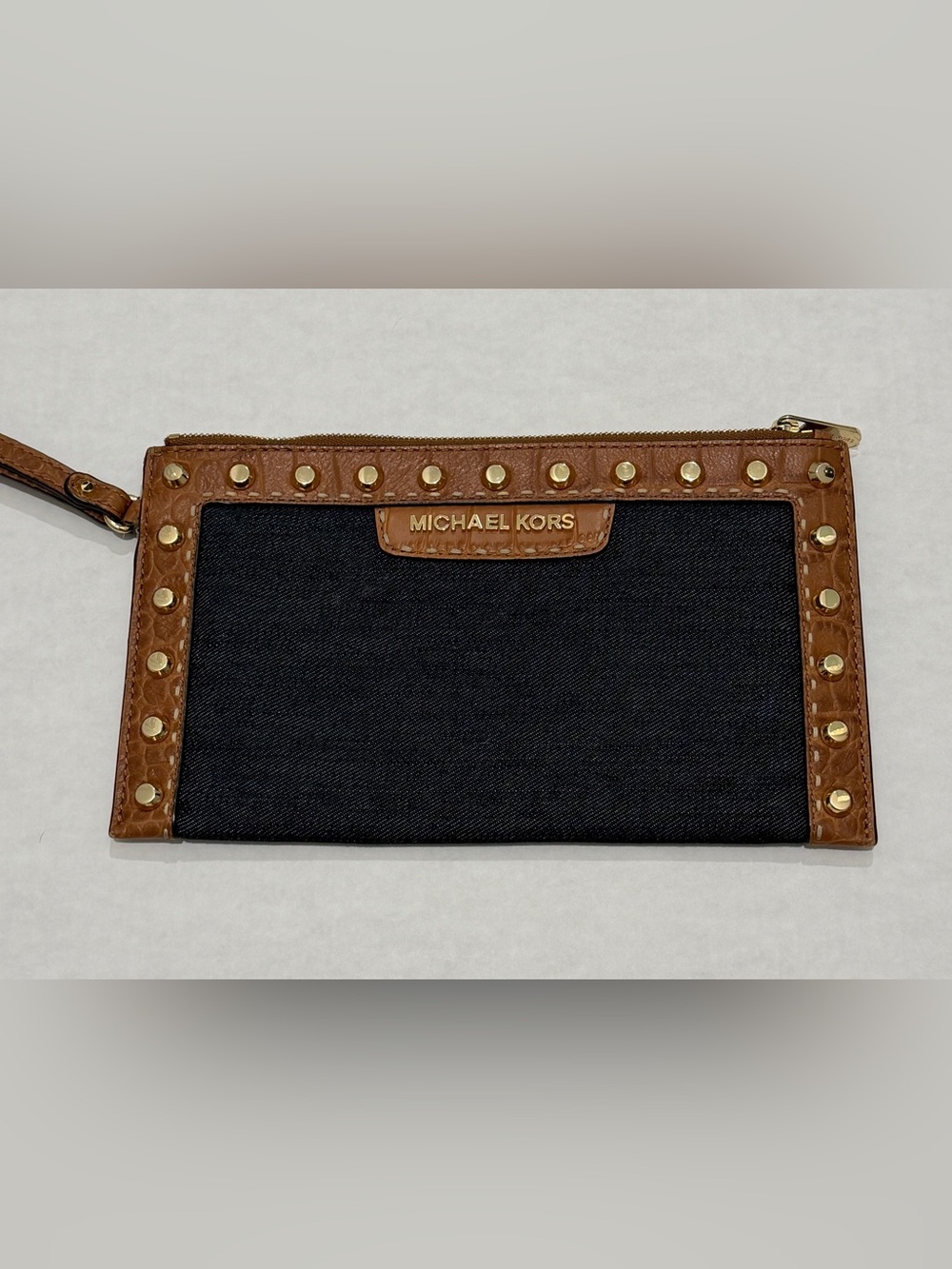 Michael Kors Navy Canvas Wristlet with Brown Leather Trim and Gold Studs